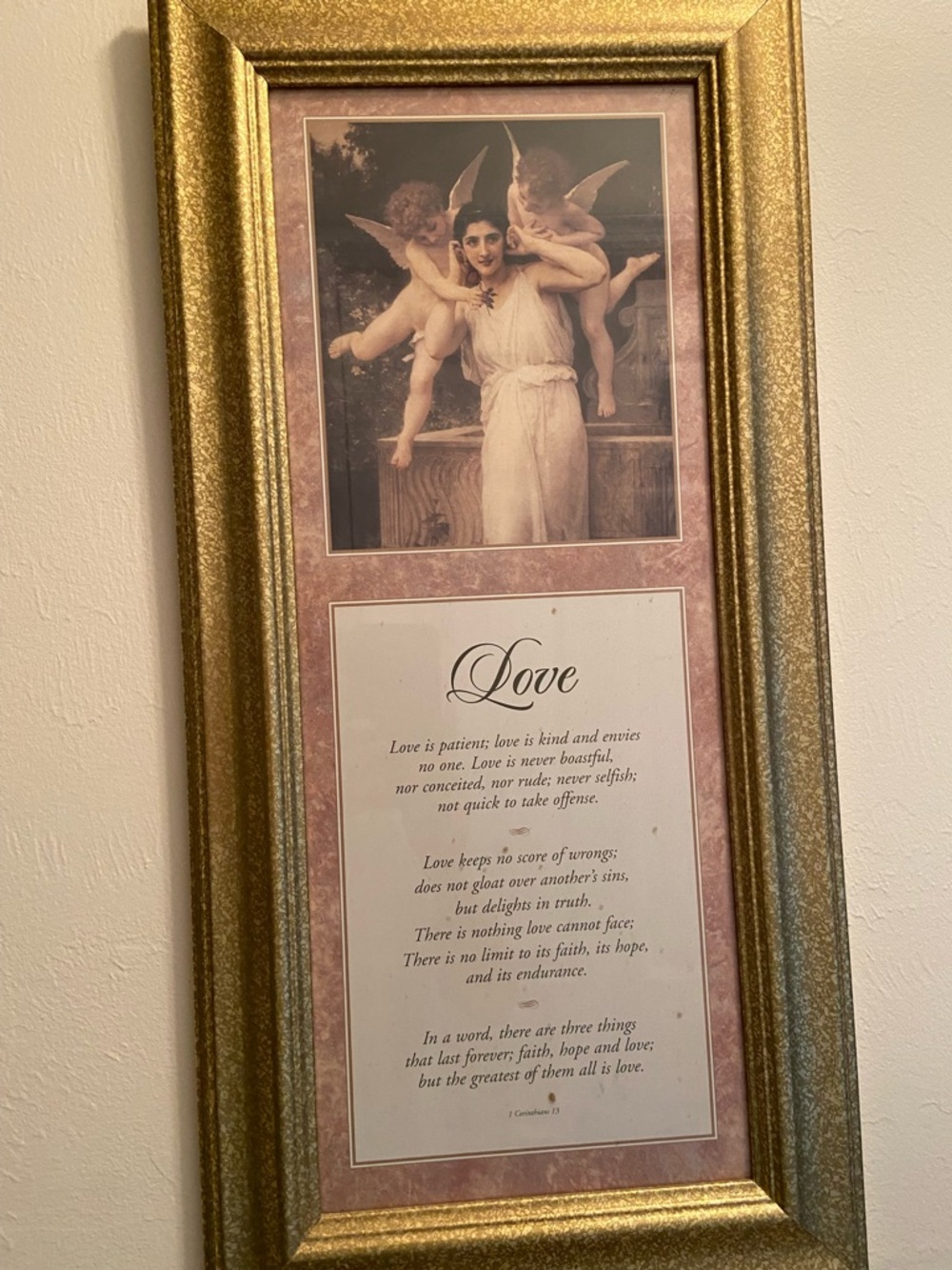 Vintage-Style Gold Ornate Framed Cherub Art with Biblical Love Poem